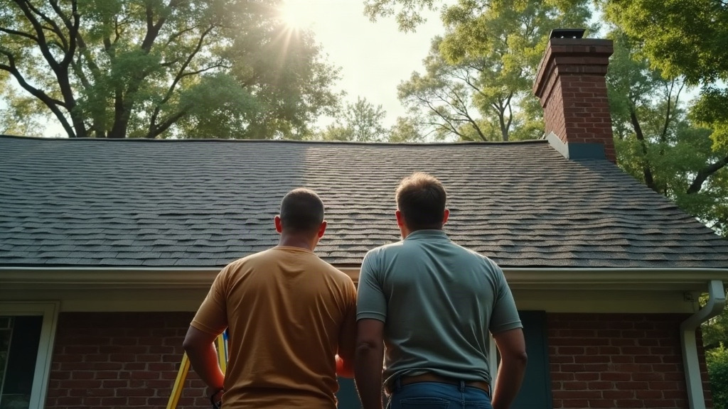 Roofers inspecting hail damage on an asphalt shingle roof of a suburban brick home in Raleigh, NC